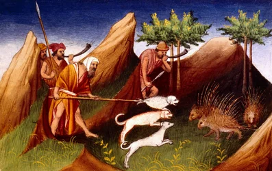 Ms Fr 2810 f.18, Stachelschweinjagd in Badakhehan, aus Livre des Merveilles du Monde, ca. 1410-12